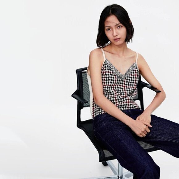 EUC Zara houndstooth print accent trim camisole, M - Picture 1 of 10
